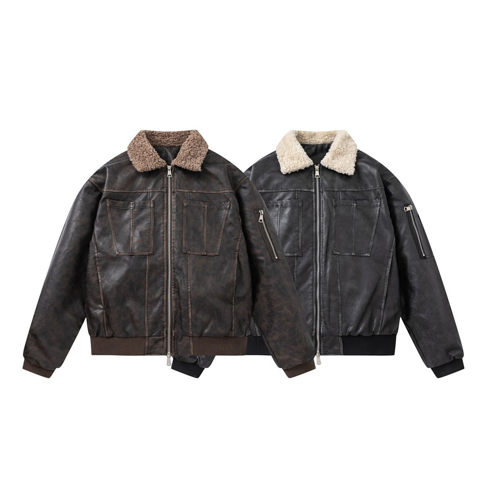 Two front-view jackets shown together: one dark brown with a taupe collar and one charcoal with a cream collar.