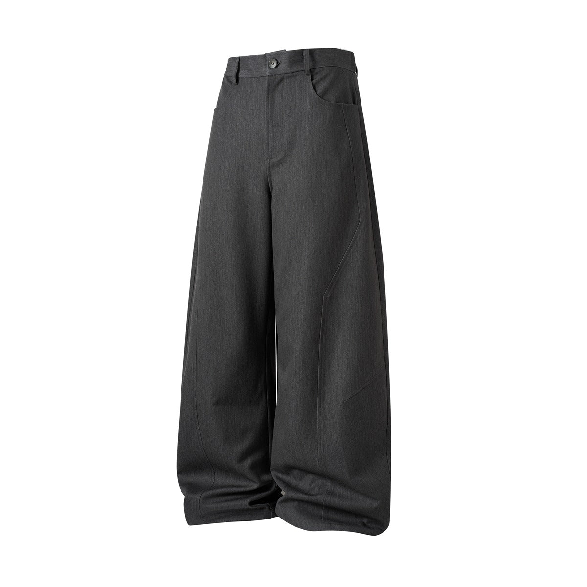Dark gray wide-leg trousers angled front view showing curved leg seams and wide hem