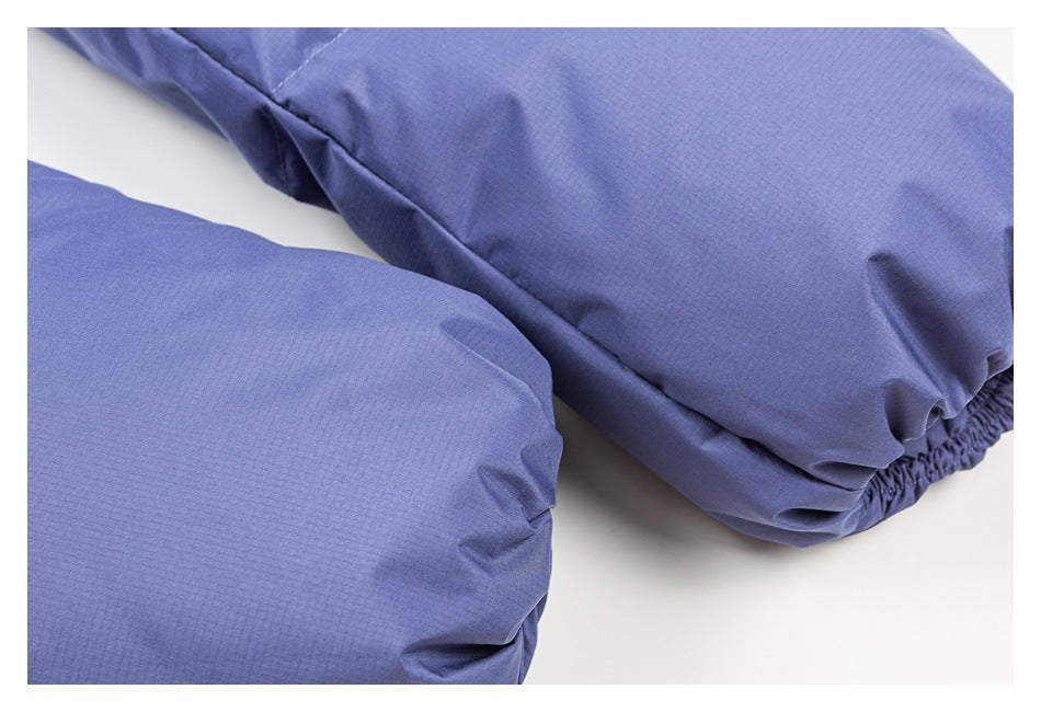 Close-up of periwinkle garment fabric with a gathered elastic edge.