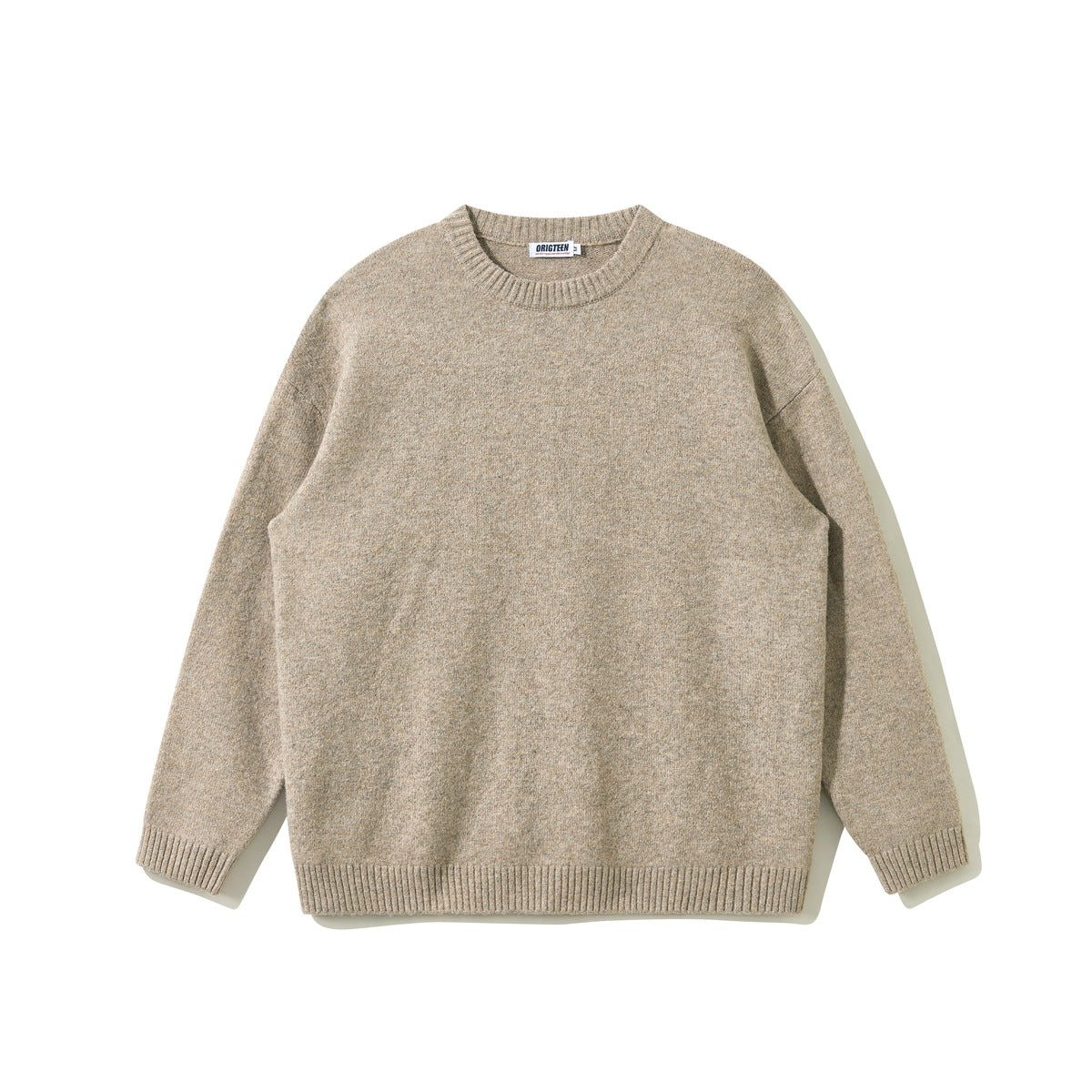 Khaki heathered crewneck knit sweater flat lay, front view, with ribbed trim