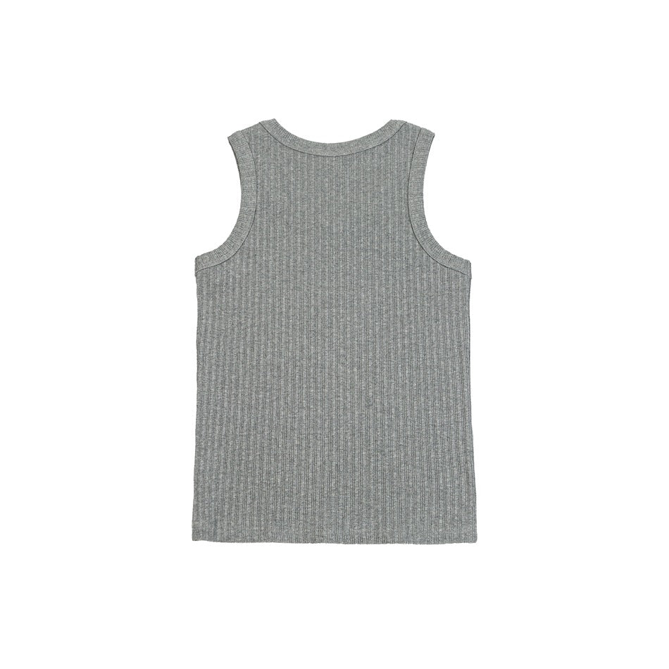 Back view of a gray ribbed tank top laid flat on a white background.