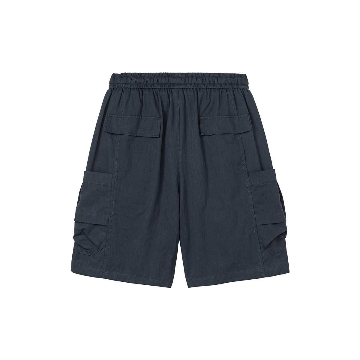 Back view of dark navy cargo shorts with an elastic waistband, rear flap pockets and large side pockets.