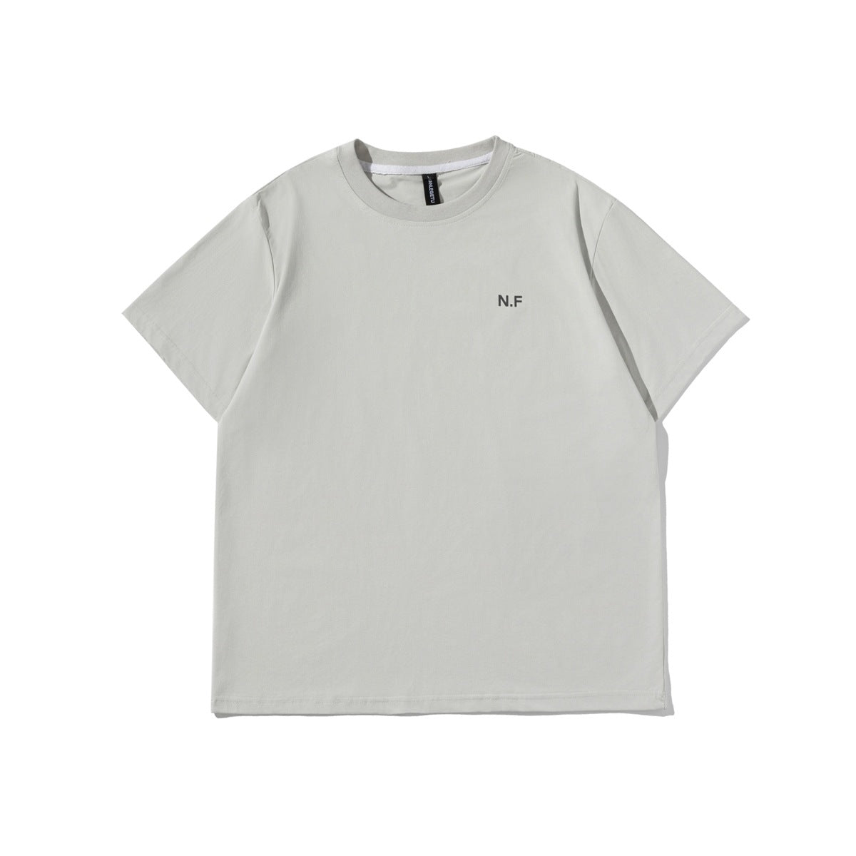 Front view of a light gray short-sleeve crew-neck T-shirt with a small black N.F chest print.