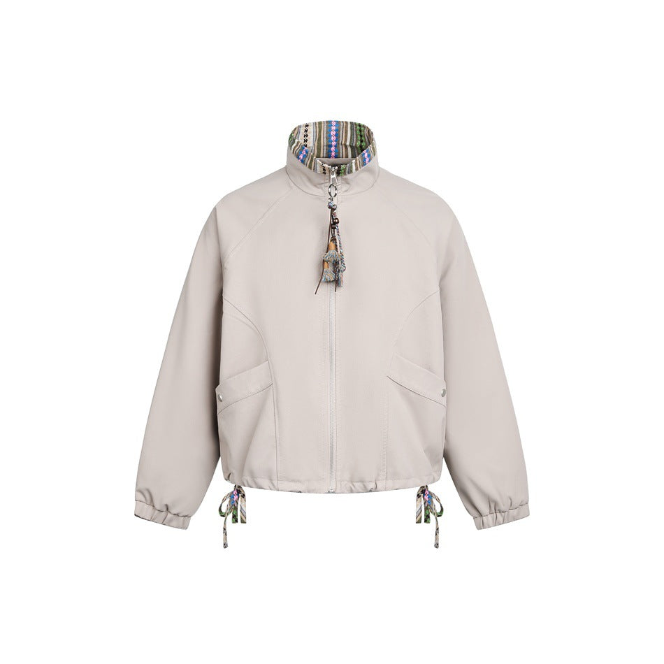 Khaki stand-collar zip jacket with striped woven inner collar, tassel zipper charm and ribbon hem ties