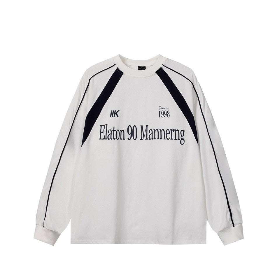 White long-sleeve raglan sweatshirt with navy piping, diagonal panels and 'Elaton 90 Mannerng' front print