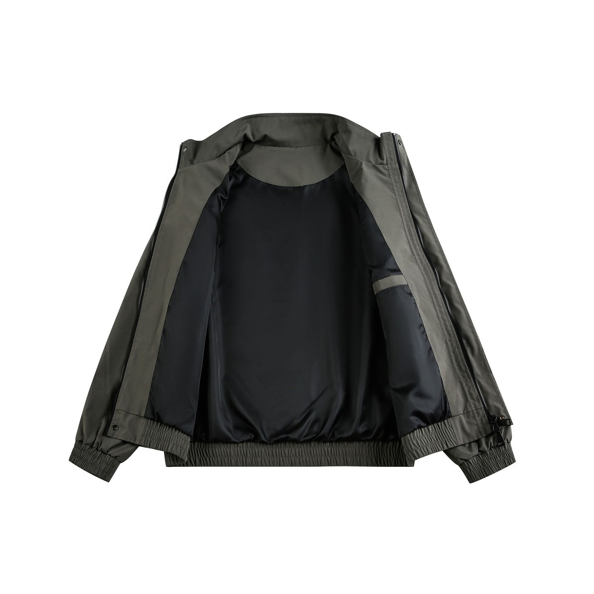 Dark gray jacket opened flat, showing its black lining, zipper, and elasticated hem and cuffs.