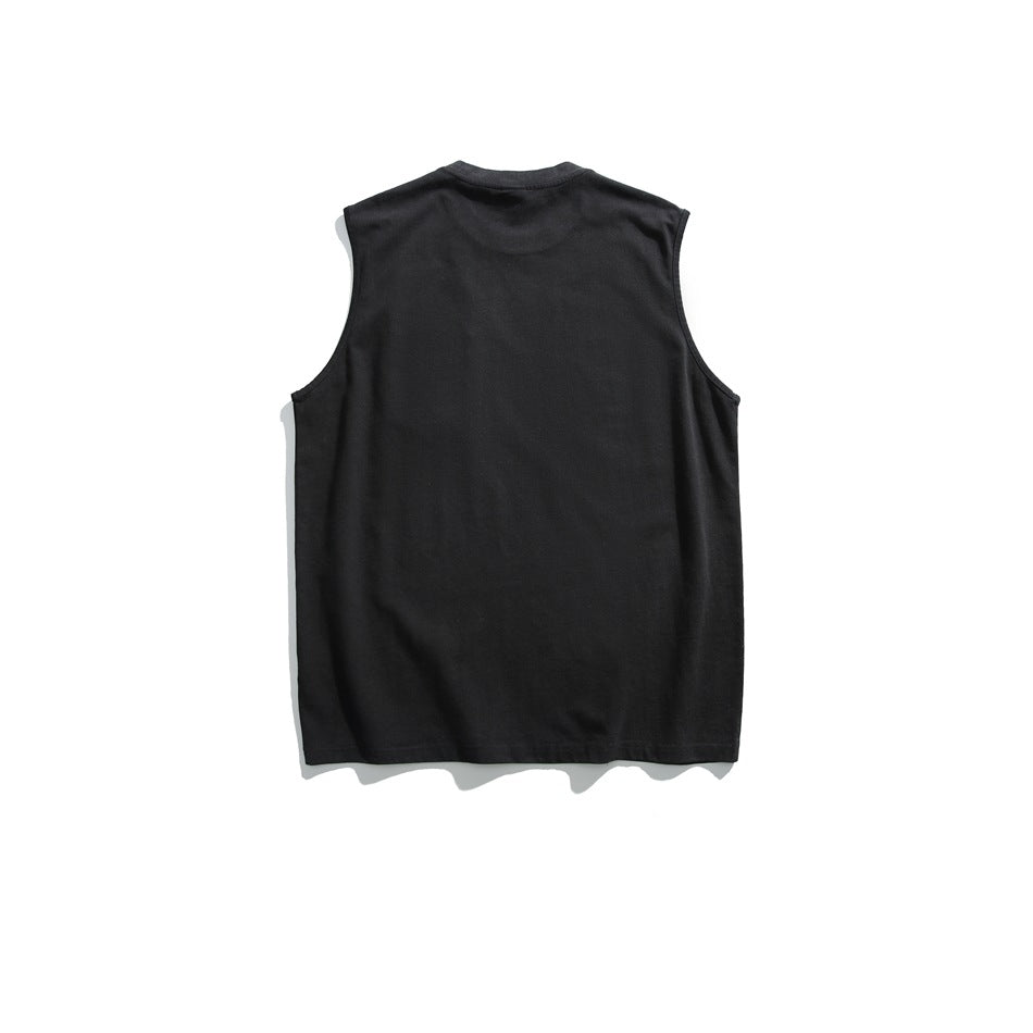 Back of a plain black sleeveless shirt with a crew neck, displayed flat against a white background.