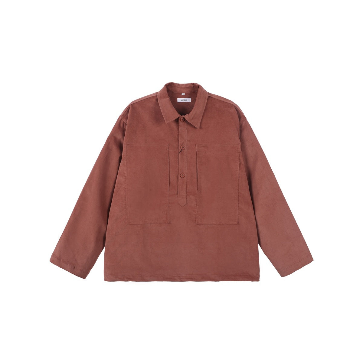 Jujube red pullover jacket flat lay, front view, with pointed collar, half-button placket and two large chest pockets