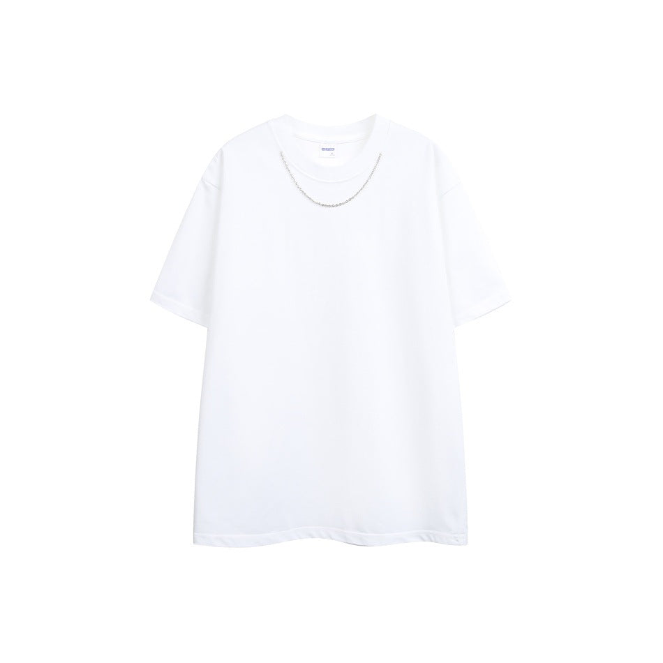 White short-sleeve crewneck T-shirt with a silver-tone chain at the neckline, flat front view