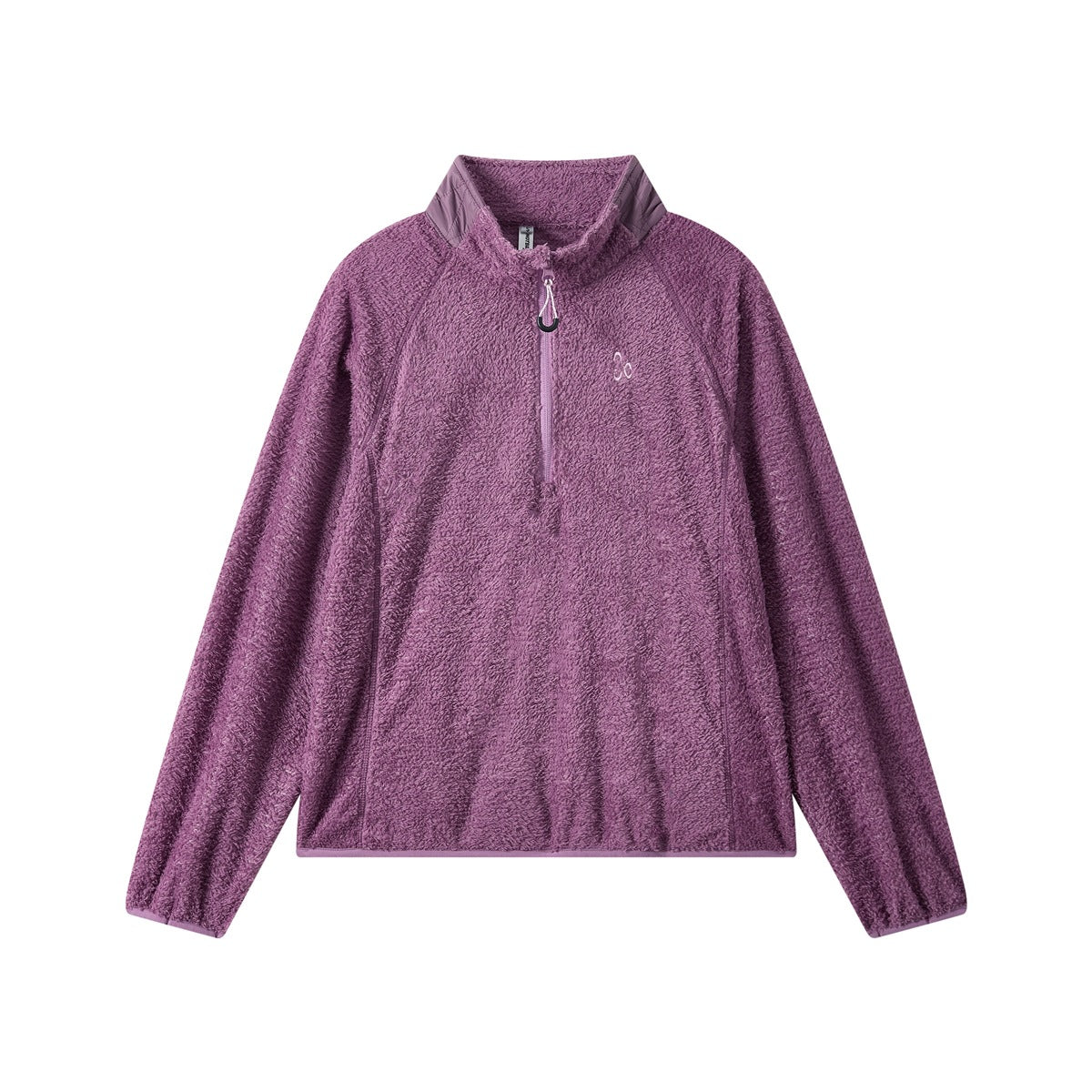 Purple fleece-like half-zip stand-collar pullover jacket flat lay with raglan sleeves and small chest embroidery