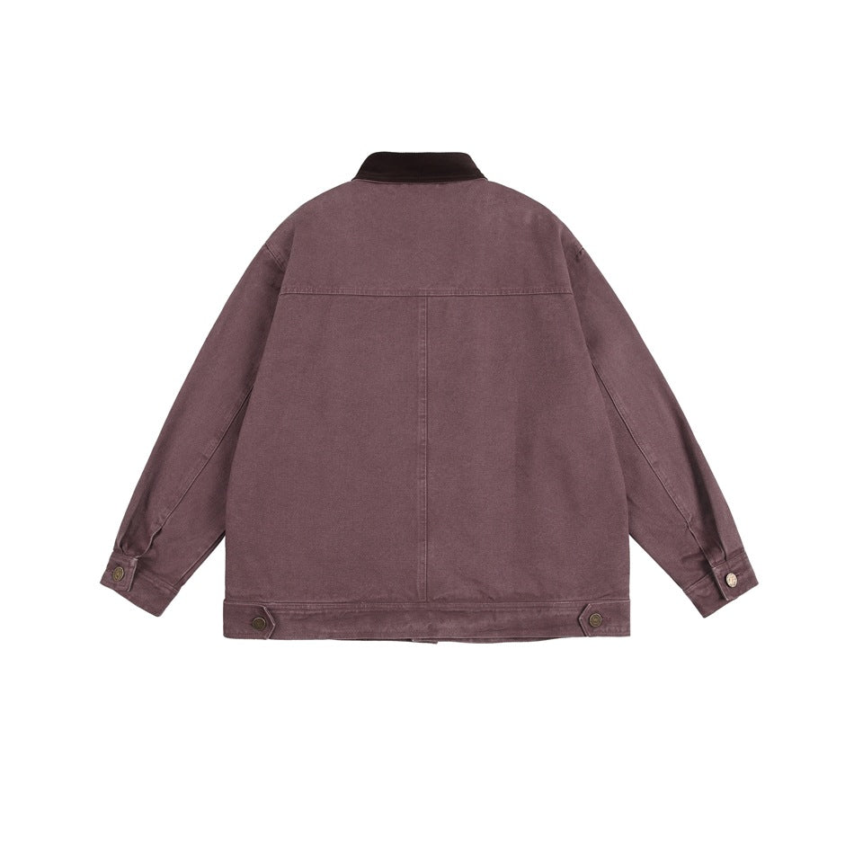 Back view of coffee mauve work jacket with brown collar, yoke seam, center seam, waist button tabs and cuffs