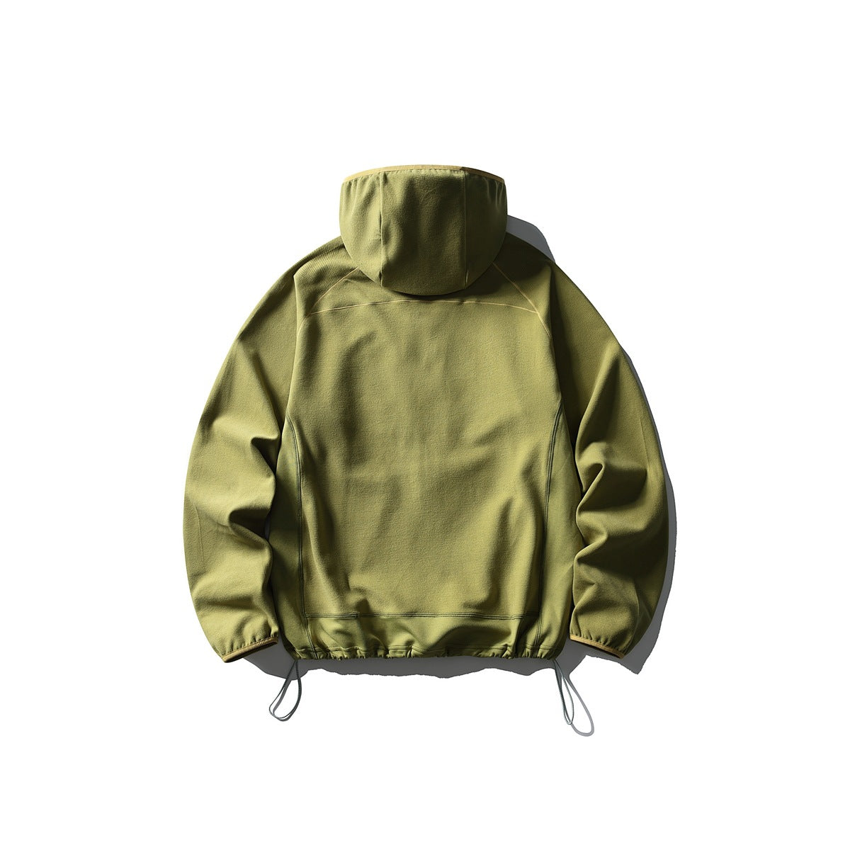 Back view of an olive-green hooded jacket laid flat, with raglan seams, elastic cuffs and hem, and hanging drawcords.