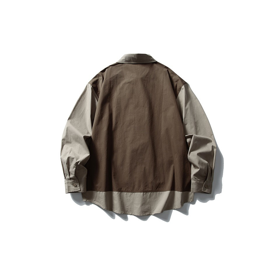 Back view of a brown vest layered over a taupe shirt, laid flat against a white background.