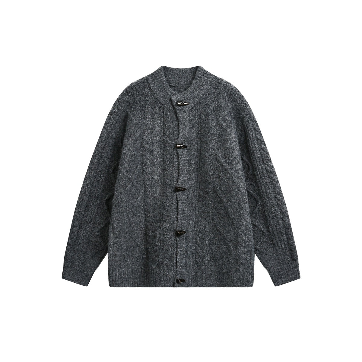 Dark gray cable-knit cardigan with horn-shaped toggle buttons, flat front view