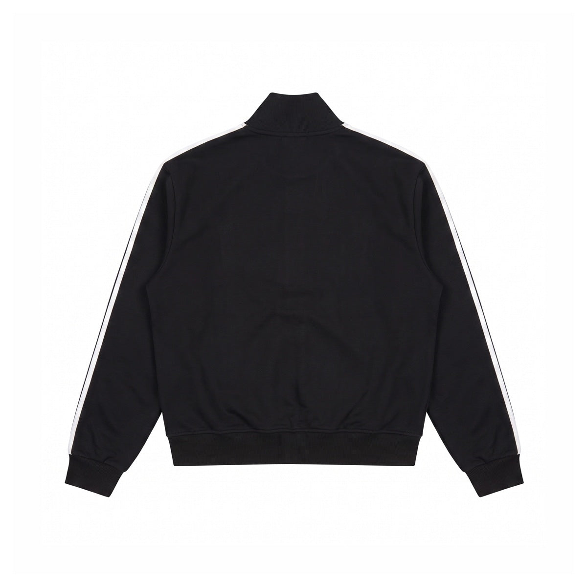 Black track jacket back view, laid flat, with stand collar, white stripe along each sleeve and ribbed hem and cuffs