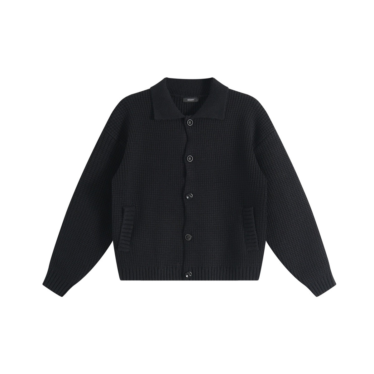 Black waffle-knit button-front cardigan with collar, ribbed hem and cuffs, and front pockets, flat view