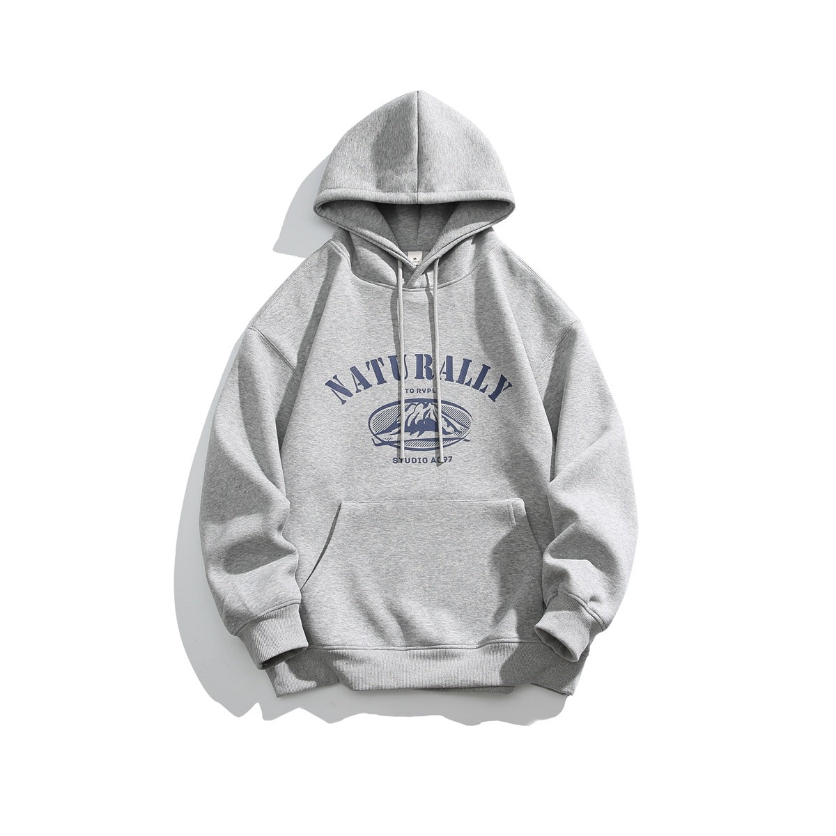 Gray pullover hoodie with navy NATURALLY mountain graphic, drawstring hood, kangaroo pocket and ribbed cuffs, flat lay