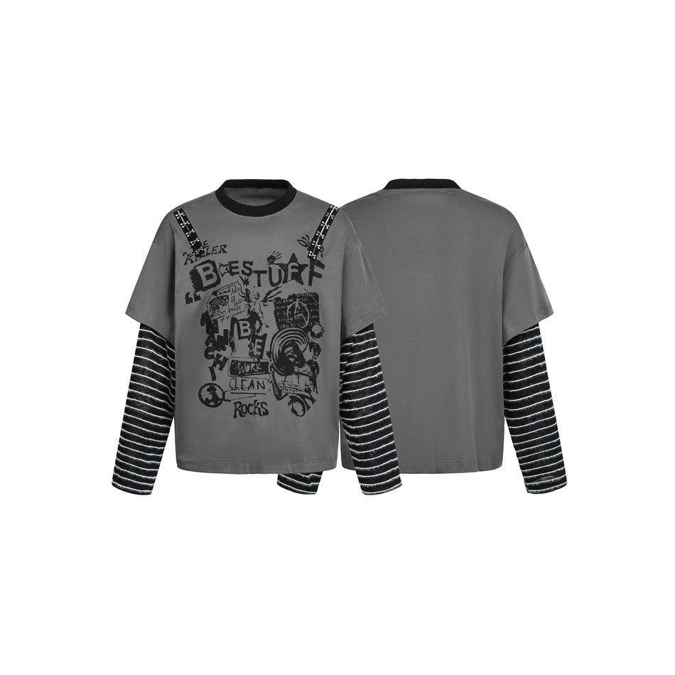 Gray graphic top shown from front and back, with a black collar, striped long sleeves, and shoulder details.