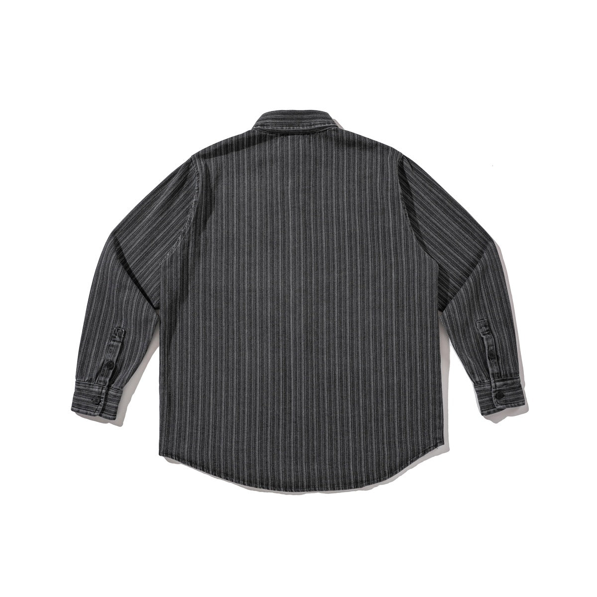 Back view of a charcoal pinstriped long-sleeve button-up shirt with buttoned cuffs.