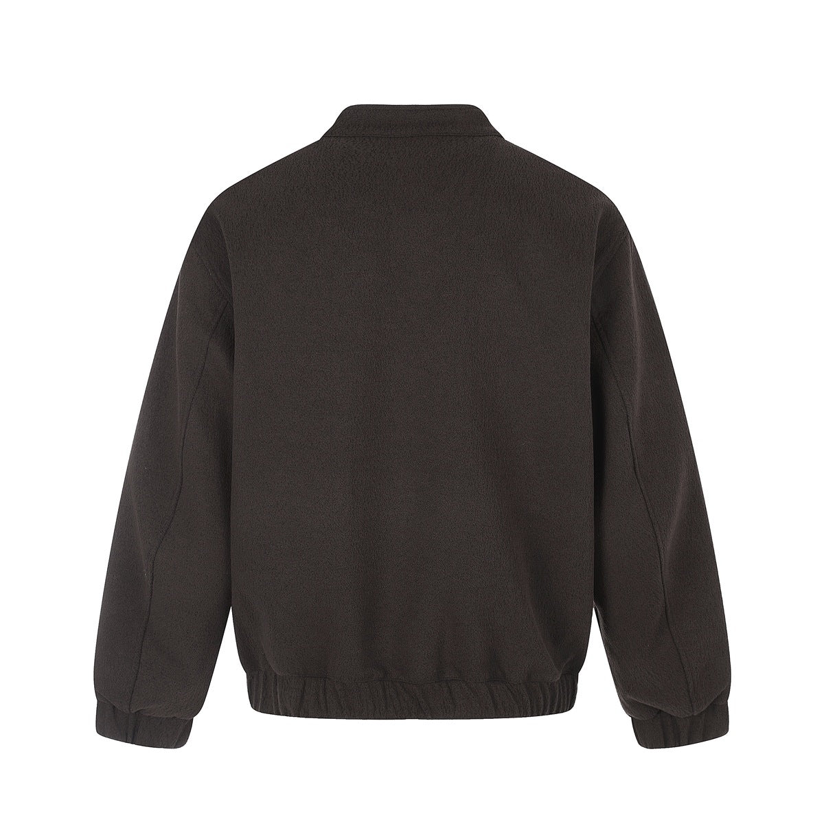 Back view of a dark brown jacket with a stand collar, long sleeves, and elastic hem and cuffs.