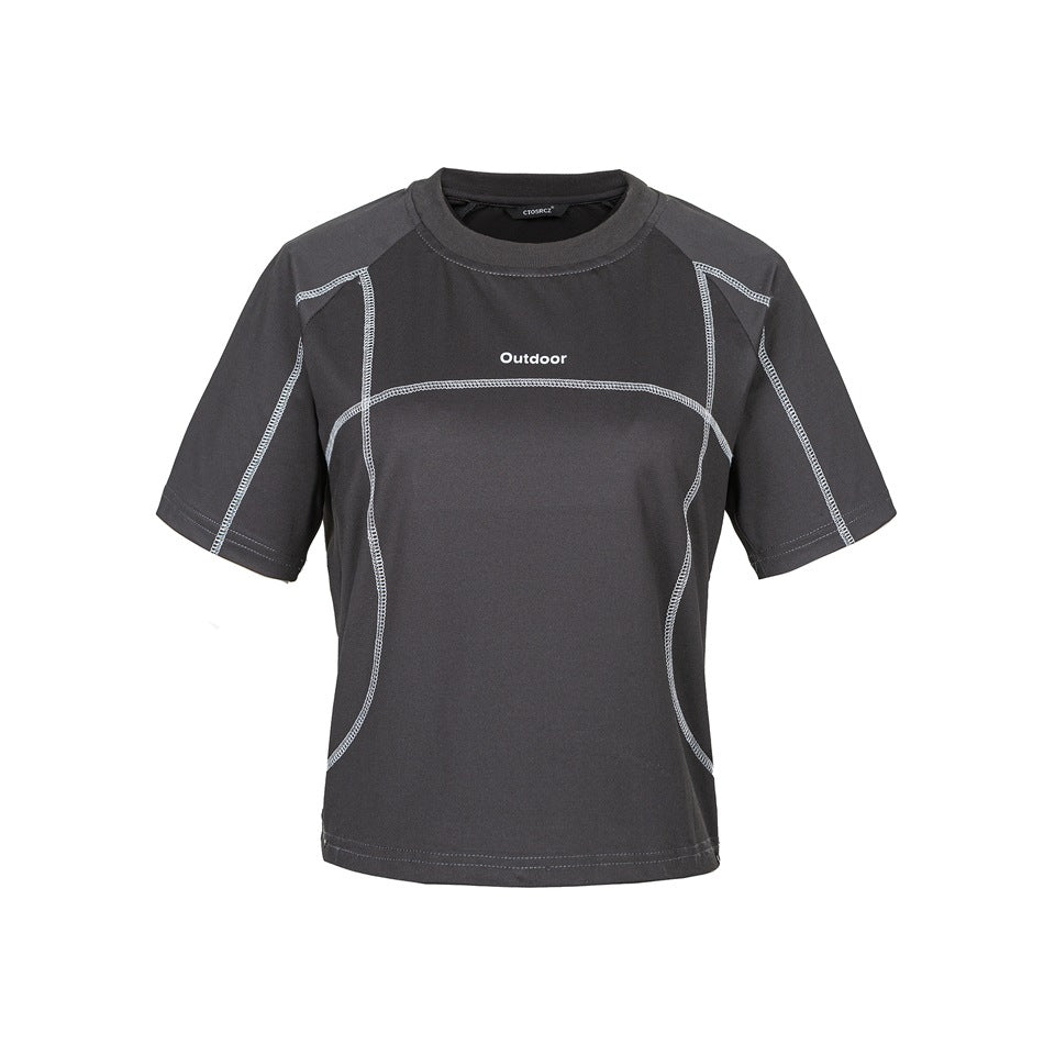 Dark gray short-sleeve crew neck cropped T-shirt with light contrast topstitching and small white Outdoor print, front view