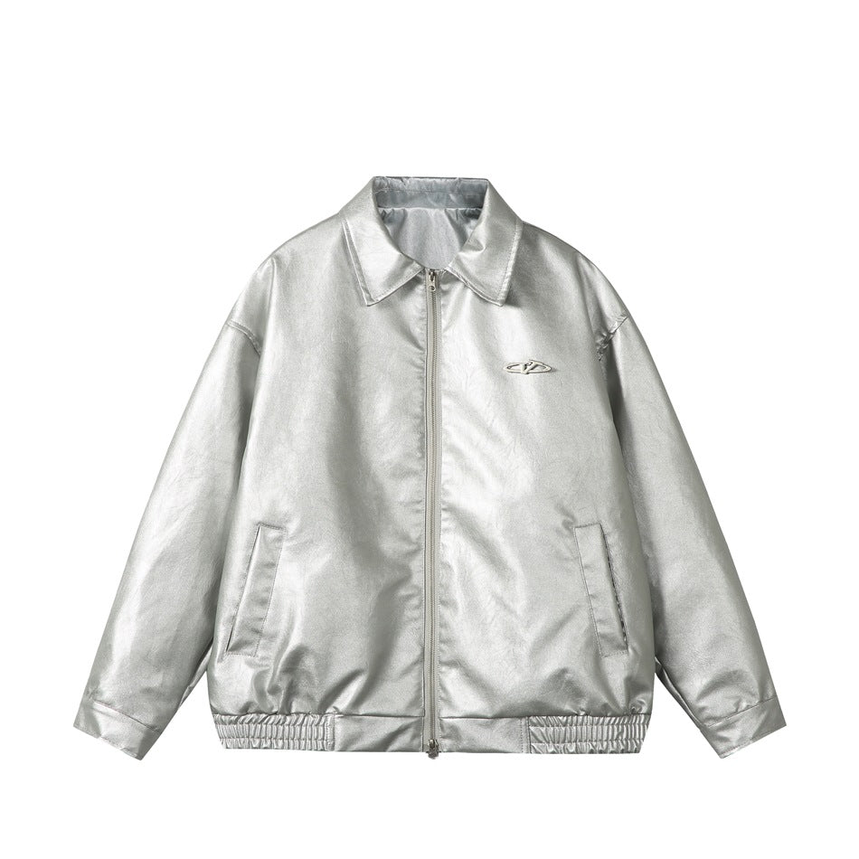 Metallic silver leather-look jacket with pointed collar, zip front, welt pockets and elastic hem, flat view