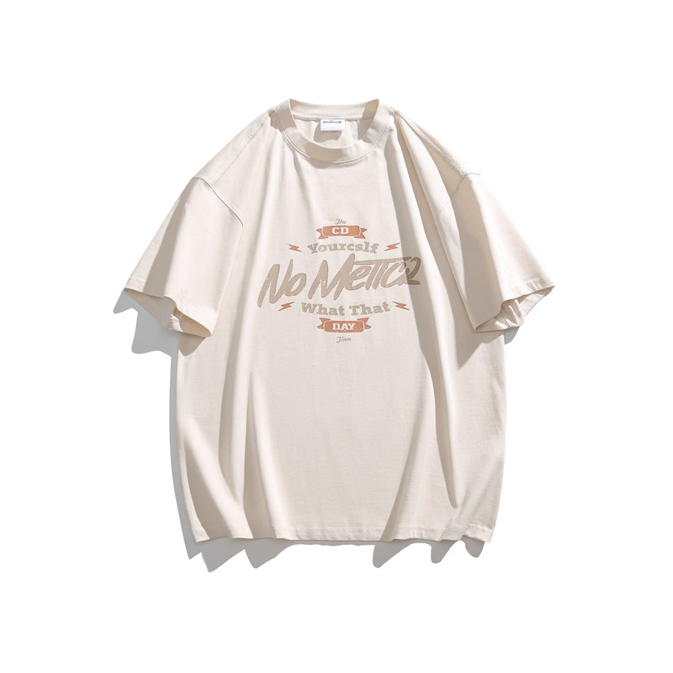Off-white short-sleeve crew-neck T-shirt flat lay with tan and orange script graphic on chest