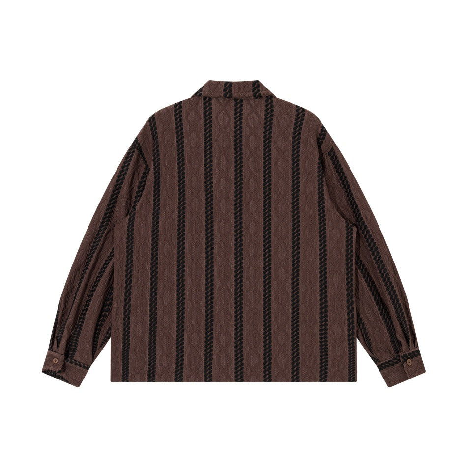 Back view of brown striped long-sleeve shirt with black chain-pattern stripes and buttoned cuffs, flat lay