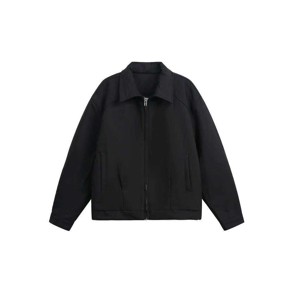 Black zip-front jacket with turn-down collar and front pockets, flat lay on white background