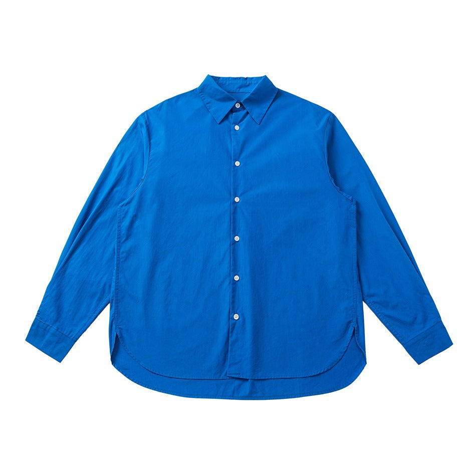 Royal blue long-sleeve button-front shirt with pointed collar and curved hem, flat lay front view