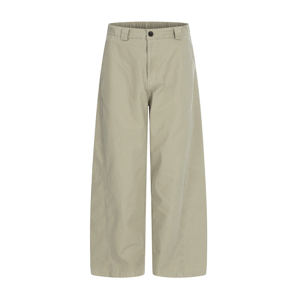 Apricot wide-leg pants flat lay, front view with button fly, belt loops and curved leg seams