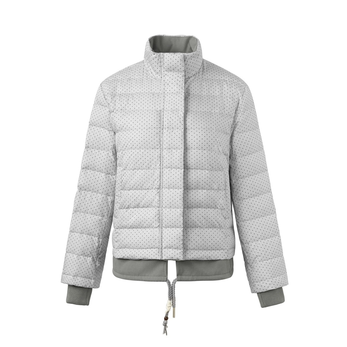 Gray polka-dot quilted stand-collar jacket, front view, with gray layered hem, ribbed cuffs and drawstring cord