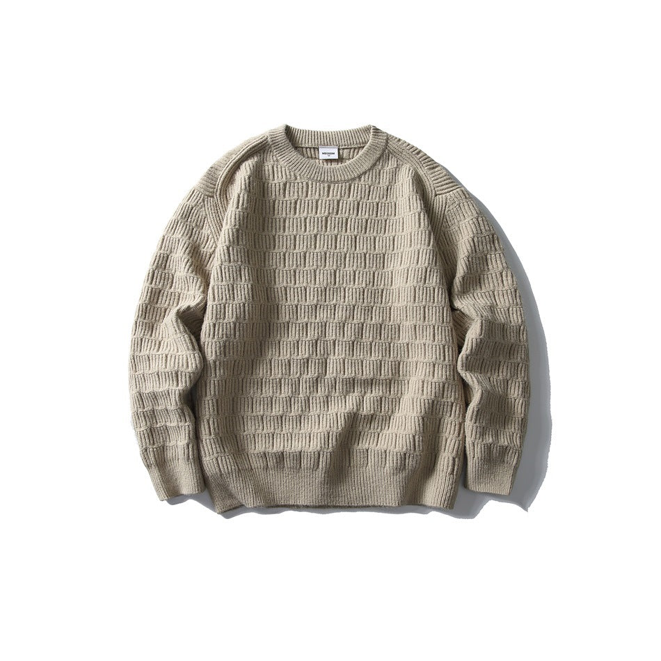 Khaki crew-neck knit sweater with basket-weave texture, flat lay front view