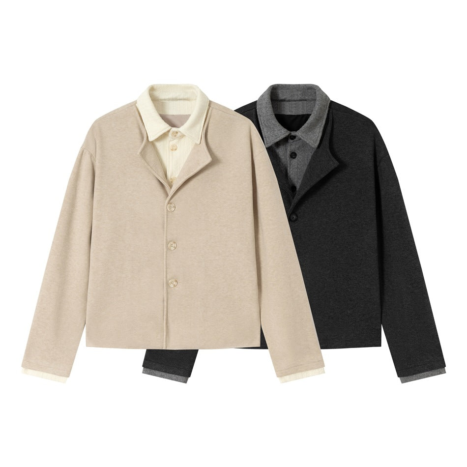 Two button-front, lapel-collar jackets shown together: one light beige and one charcoal gray.