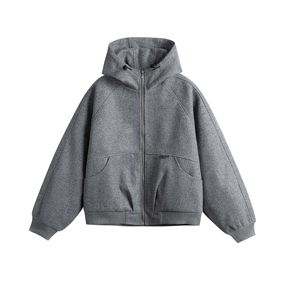 Heather gray hooded zip jacket with raglan sleeves, front pouch pockets and ribbed cuffs and hem, flat front view