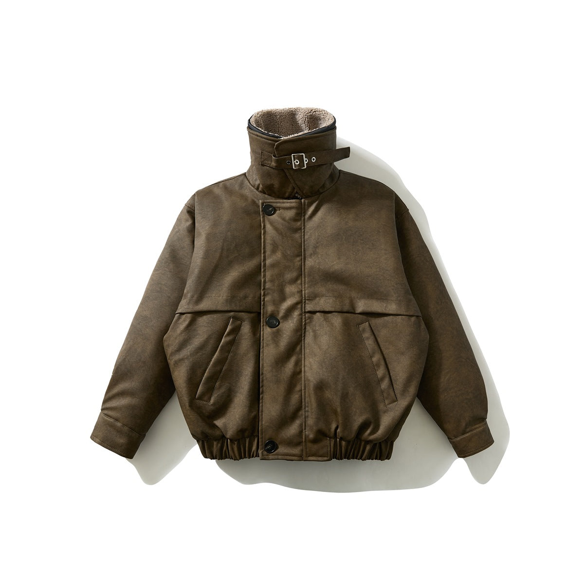 Front flat lay of brown jacket with fleece-like collar removed, showing stand collar with buckle strap