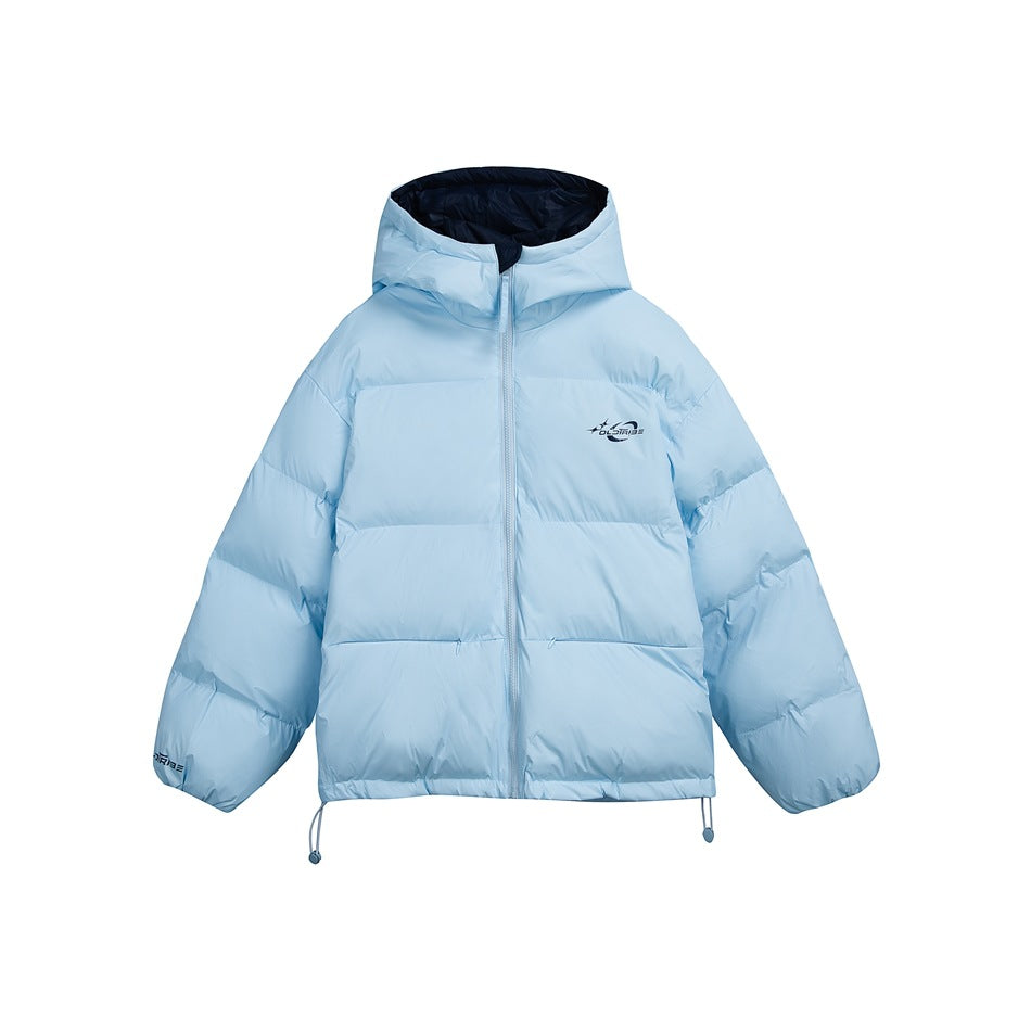 Light blue hooded puffer jacket, front view, with navy hood lining, zipper and drawstring hem