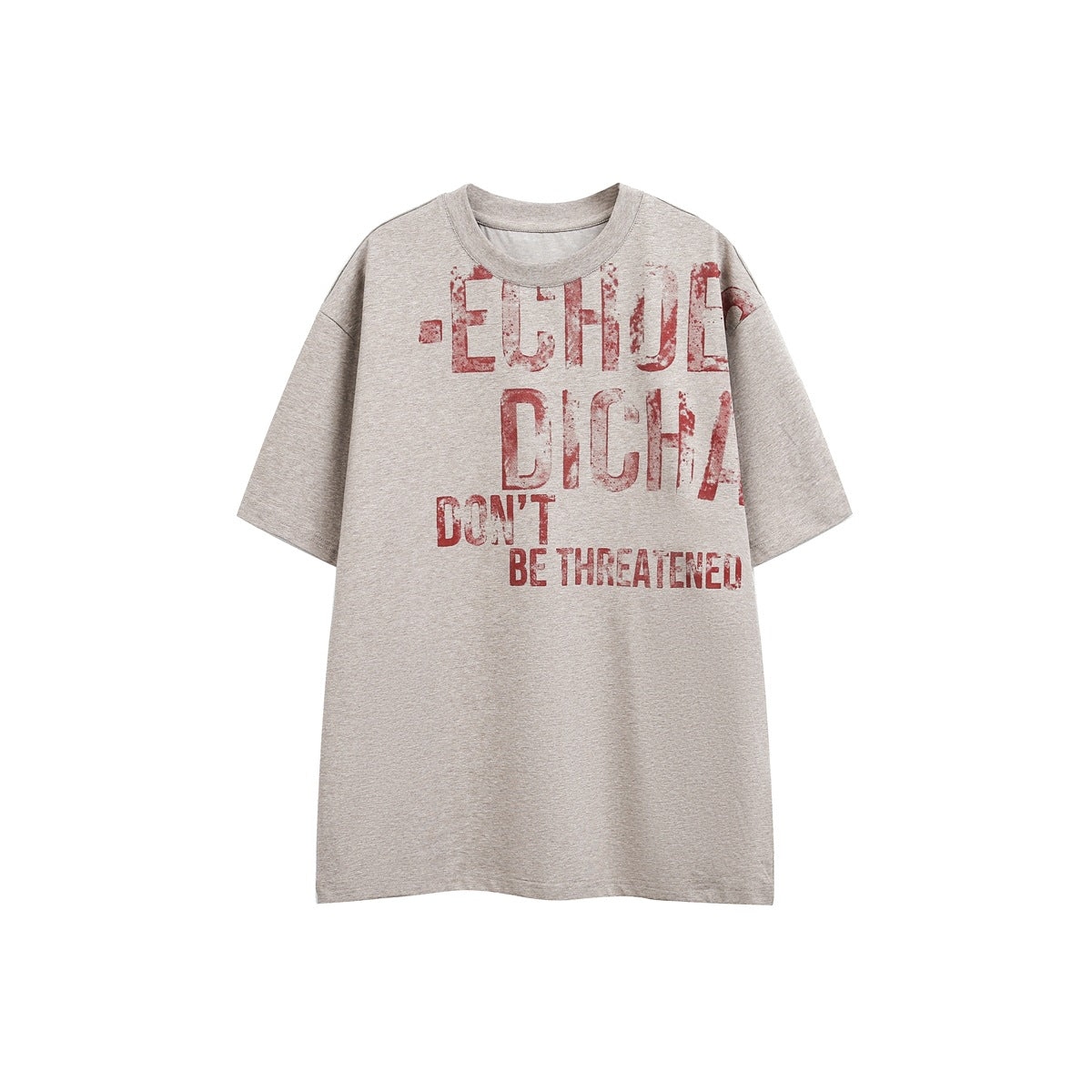 Heathered khaki short-sleeve crew-neck T-shirt with large red distressed stencil lettering on the front