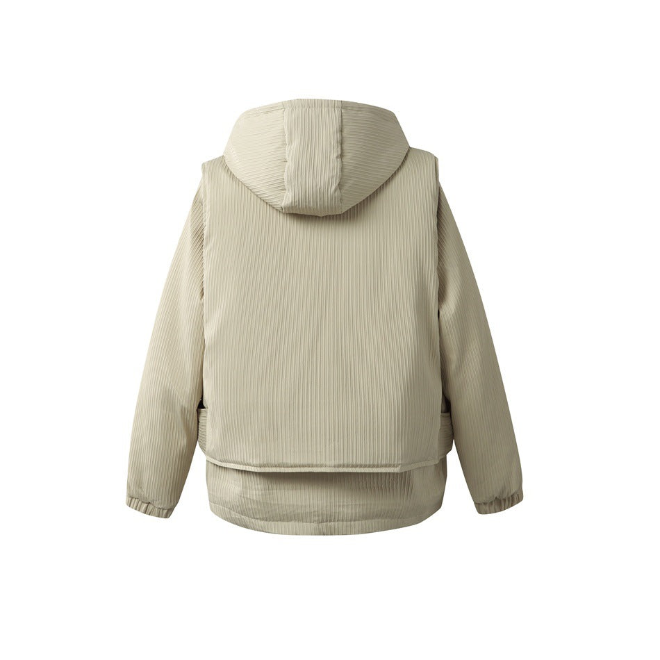 Back view of a light beige hooded jacket with vertical ribbing and a slightly longer curved hem.