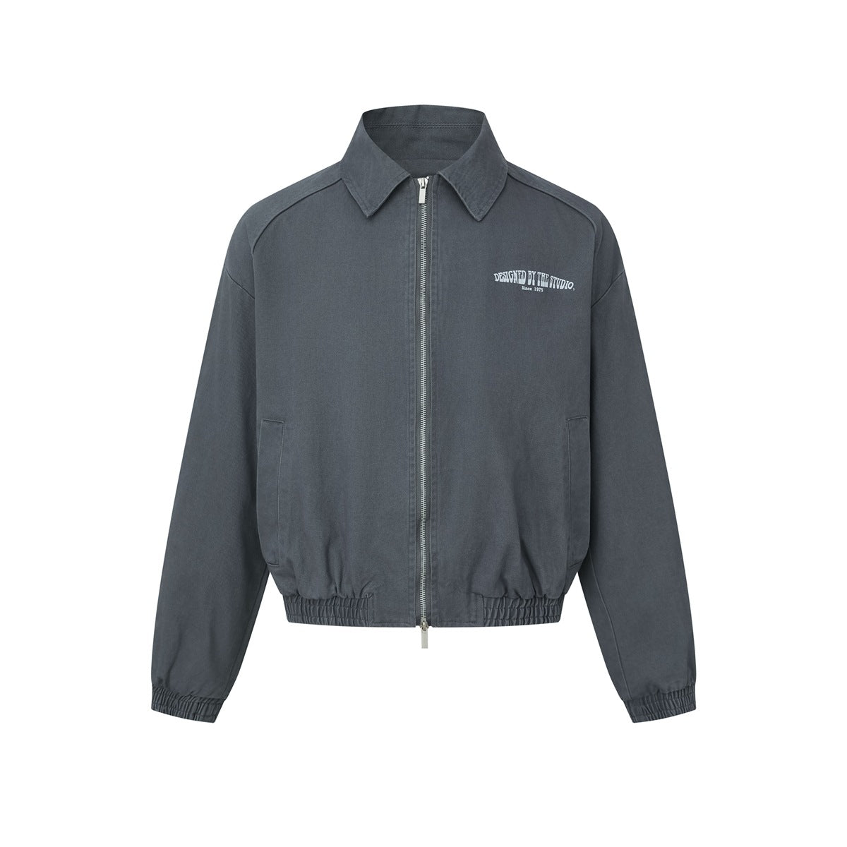 Gray zip-front jacket with pointed collar, elastic hem and cuffs, and white left chest print, flat front view