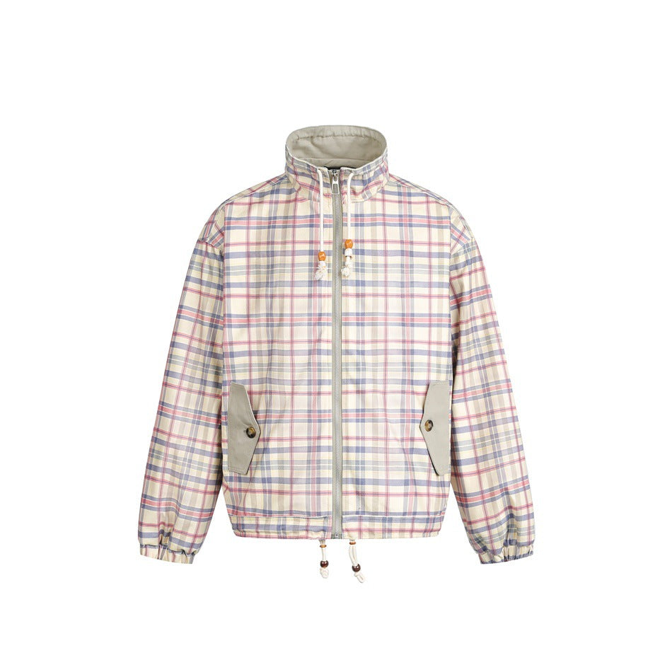 Cream plaid zip jacket with stand collar, bead drawstrings, gray flap pockets and elastic cuffs, front view