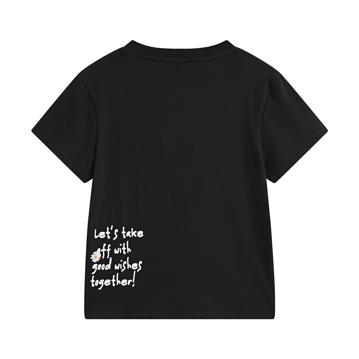 Back of black short-sleeve T-shirt with small white handwritten-style message and daisy print near the lower left hem