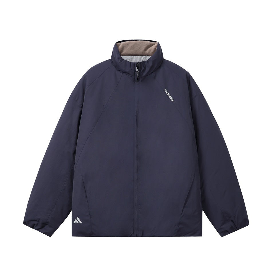 Navy padded stand-collar zip jacket with taupe fleece-like collar lining, front view on white background
