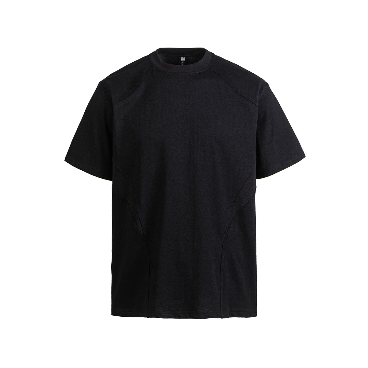 Black short-sleeve crew-neck T-shirt, front view, with raglan-style seams and curved side panel seams