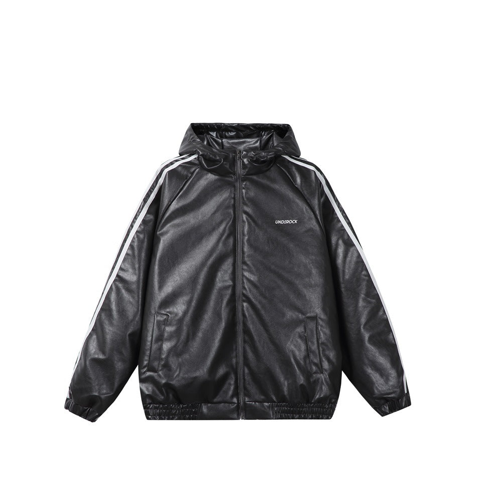 Black hooded zip-front leather-look jacket with white sleeve stripes, front pockets and elastic cuffs and hem, flat lay