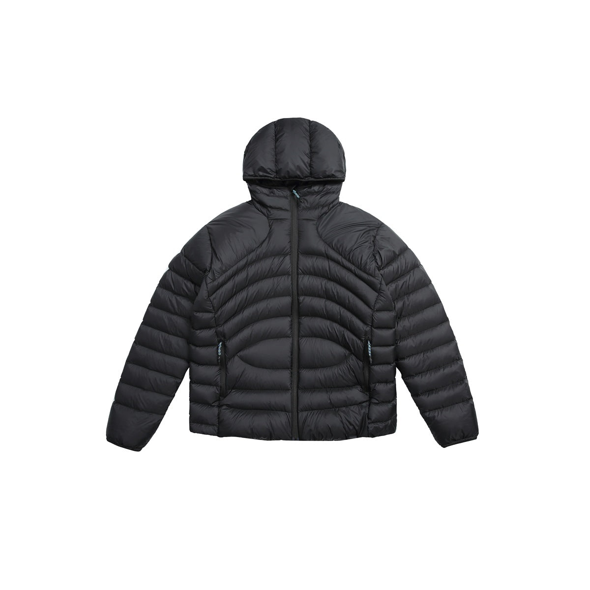 Black hooded quilted puffer jacket with center zipper and zip pockets, flat lay front view