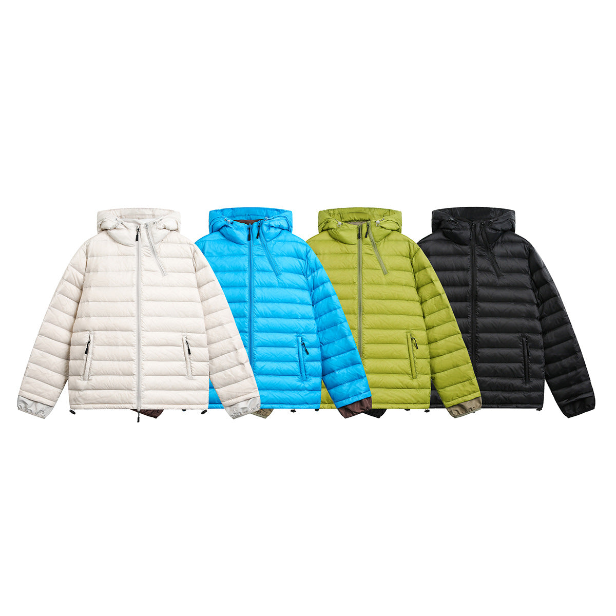 Four hooded puffer jackets shown from the front in ivory, bright blue, olive green, and black.