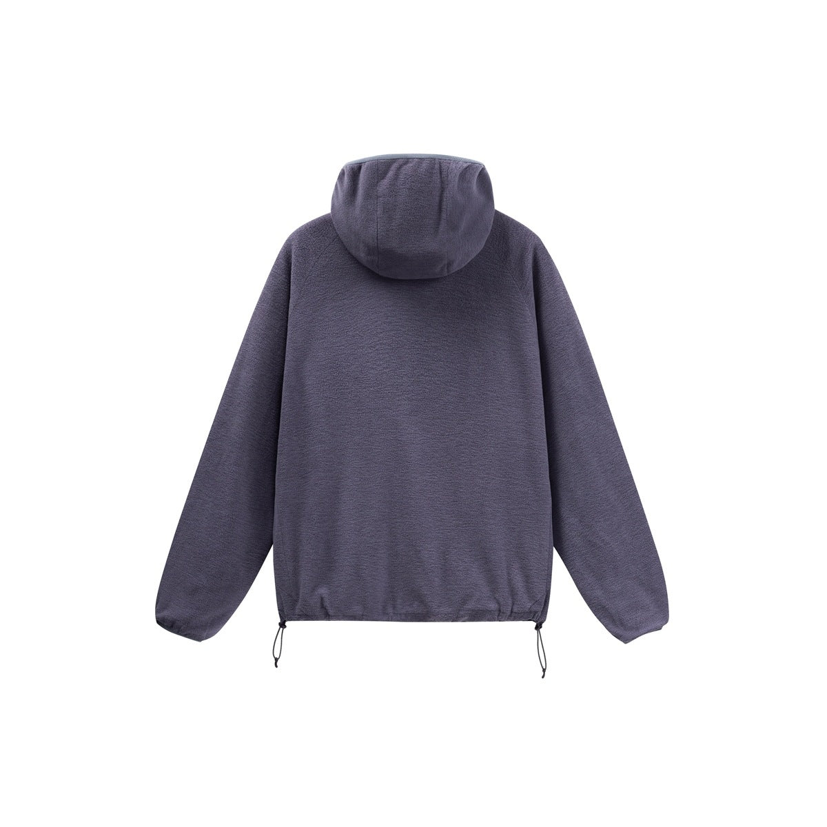 Back view of a muted purple hooded jacket with long sleeves and adjustable hem drawcords.