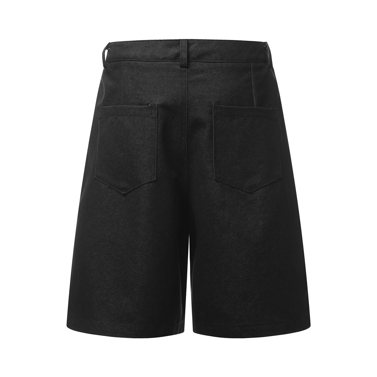 Back view of black wide-leg shorts with two large patch pockets and a belt loop.