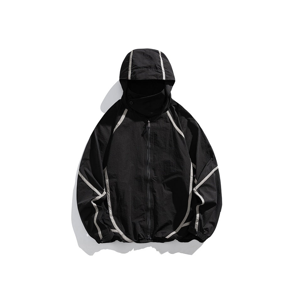 Black hooded zip jacket with light gray contrast piping, flat lay front view